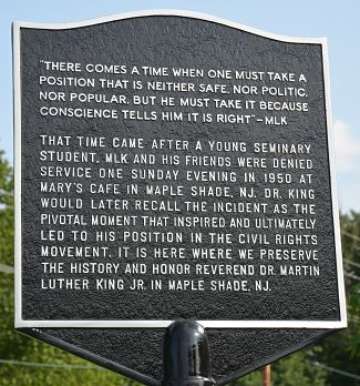Plaque installed recently in Maple Shade, NJ recognizing Dr. King's first protest against racism.